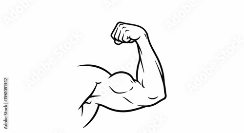 Stylized black and white illustration of a flexed bicep, showing strong muscles