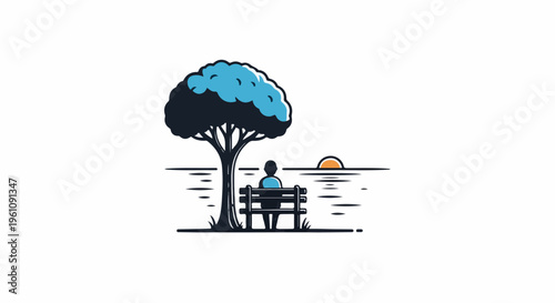 Solitary figure on a bench under a tree, watching the sunset over calm waters