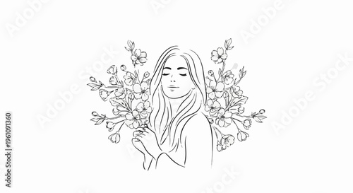 Sketch of a woman with closed eyes surrounded by blooming flowers