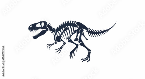 Silhouette of a dark dinosaur skeleton with an open mouth, on white