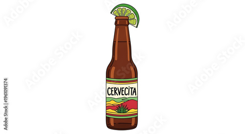 A colorful vector illustration of a cold beer bottle with a lime wedge on top