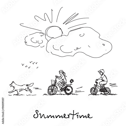Kids riding bicycles. Children with dog on summer holiday. Sunny day