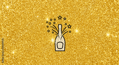 Sparking celebration bottle with stars and circles on a golden glitter background