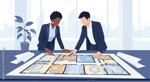 Architects Collaborating on House Floor Plan Blueprints in Modern Office; Professional Engineers and Real Estate Developers Discussing Architectural Project Design Layout