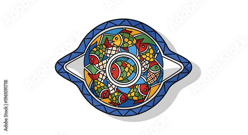A colorful illustration of a decorative plate with a vibrant mosaic design