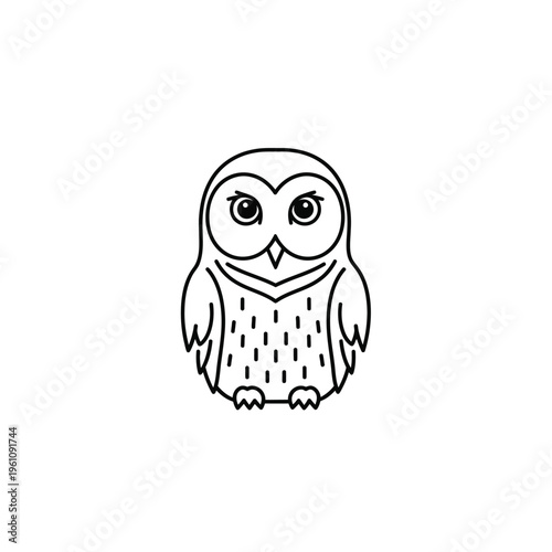 Cute owl icon vector line art drawing of wise nocturnal bird character on grid background.