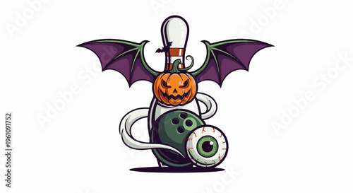 Spooky bowling pin with pumpkin head, bat wings, and eyeball