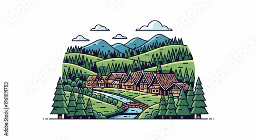 Scenic village nestled in lush green hills with mountains in background