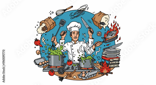 Stressed chef juggles multiple tasks with flying ingredients and cooking chaos