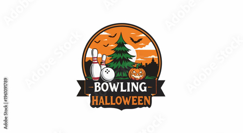 Spooky bowling event with bats, pumpkin, pins, and a festive orange sky
