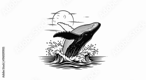 Stylized black and white illustration of a whale breaching the ocean waves at night