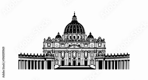 Striking black and white depiction of a grand domed building with colonnades