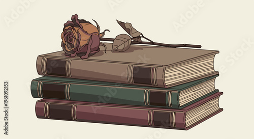 Stack of antique books topped with a dried rose and stem