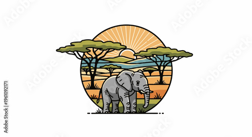 Stylized elephant in a savanna landscape at sunrise, circular motif