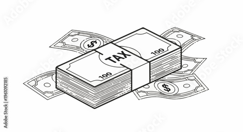 Stack of banknotes labeled "TAX" lies on loose currency, symbolizing financial obligations