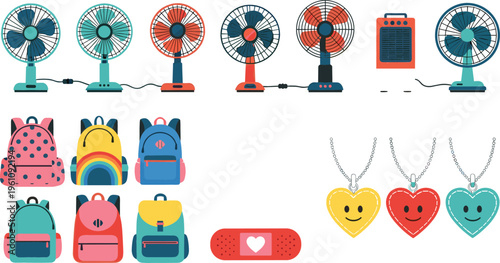 Colorful collection with electric fans, backpacks, heart necklaces and bandage, modern vector illustration for lifestyle, accessories, school and summer design projects