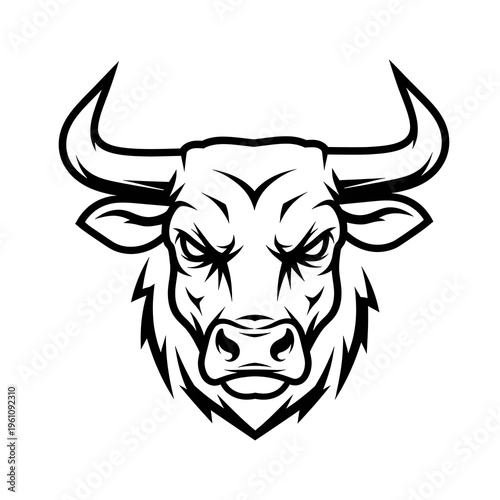 Stylized black and white bull head illustration with a fierce expression