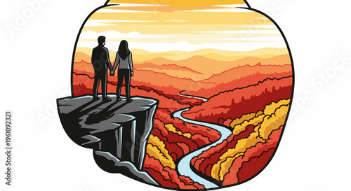Silhouetted couple holds hands on cliff overlooking autumn valley river