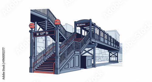 Stylized elevated train station with stairs and canopy