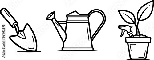 Black and white line art of gardening tools and potted plant