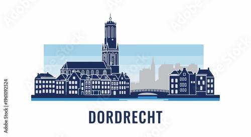 Silhouette of a historic European city skyline with a prominent church tower