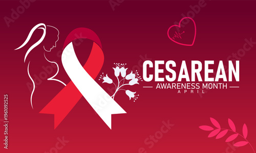Cesarean Awareness Month Red Ribbon with Mother and Child Illustration