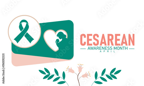 Cesarean Awareness Month Teal Ribbon, Heart, and Mother Baby Icon