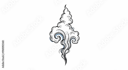 Stylized black and white ink drawing of billowing smoke with blue accents