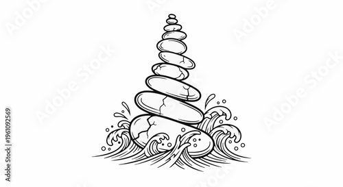 Stacked, cracked stones atop crashing waves, a serene moment