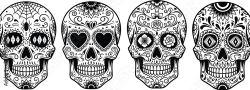 Sugar skull collection with intricate floral patterns, decorative day of the dead skull designs, Mexican cultural art vector illustration set