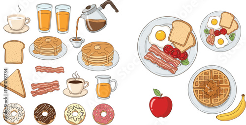 Breakfast food collection with pancakes, bacon, eggs, toast, coffee and donuts, morning meal set with sweet and savory dishes vector illustration