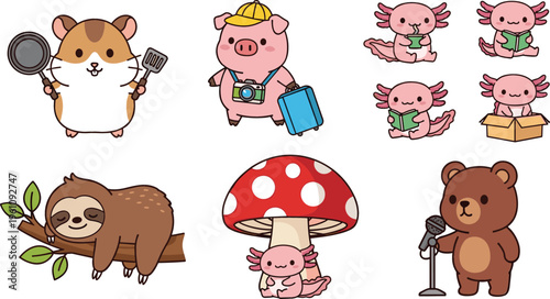 Cute cartoon animal collection with hamster cooking, pig traveler, axolotl set, sloth and bear singer, colorful vector illustration for kids and playful designs
