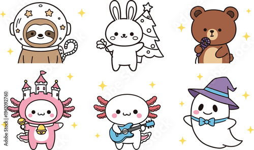 Cute cartoon fantasy animal collection with sloth astronaut, bunny, bear singer, axolotl and ghost, colorful vector illustration for kids, Halloween and playful designs