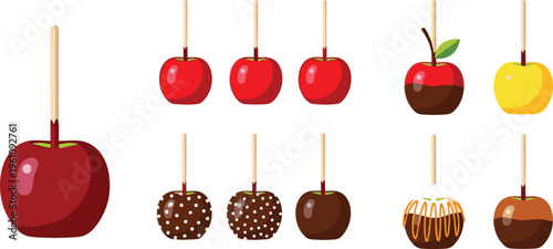 Candy apple collection with chocolate, caramel and sprinkled coatings, sweet fruit treats on sticks for autumn fair and Halloween vector illustration