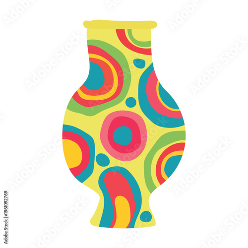 Yellow vase with colorful retro circles pattern flat vector graphic