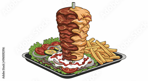 Stacked roasted meat on a skewer with fries and salad on a tray