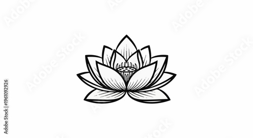 Stylized black and white line drawing of a fully bloomed lotus flower