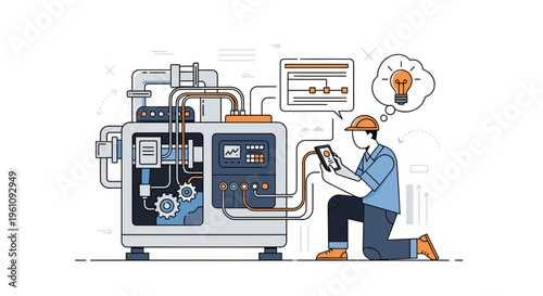 Illustration of a worker in an orange cap kneeling and using a tablet next to an industrial machine with various controls and pipes, in a graphic style with blue and orange tones.