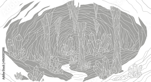 Mystical crystal cave interior with flowing stream line art illustration