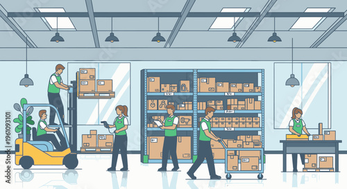 Warehouse workers engaged in various tasks with shelving units, forklift, and boxes in a well-lit industrial setting with a modern aesthetic.