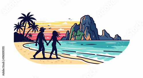Silhouetted couple walks hand-in-hand on a tropical beach at sunset