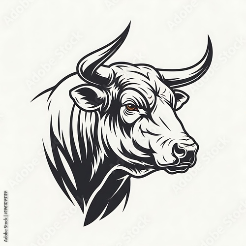 Stylized black and white bull head illustration with powerful horns and a fierce brown eye