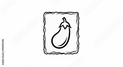 Stylized black and white line drawing of an eggplant in a decorative frame