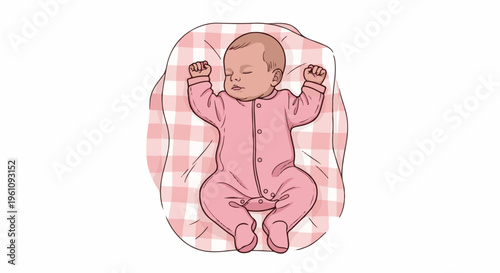Sleeping infant in pink pajamas on a pink checkered blanket