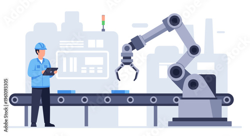 Illustration of a factory worker in blue uniform using a tablet next to a robotic arm on a production line with a cityscape background in shades of gray and blue.