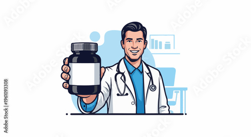 Smiling male doctor holds bottle with blank label, stethoscope around neck