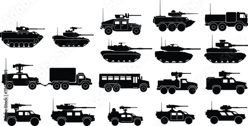 Military vehicle silhouettes collection with tanks armored trucks and combat transport illustration set isolated on white background for defense design