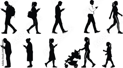 People silhouettes walking while using smartphones collection, modern lifestyle and social media addiction concept illustration isolated on white background