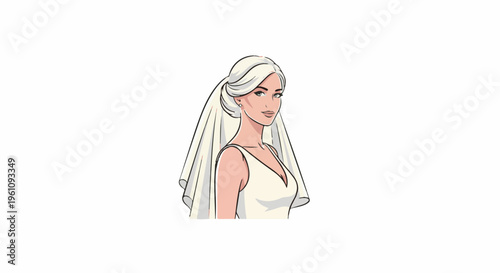 Stylish bride with veil and elegant white dress, poised and confident
