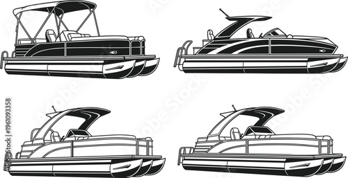 Pontoon boat silhouettes collection with modern leisure watercraft designs, recreational marine illustration isolated on white background for boating and travel design